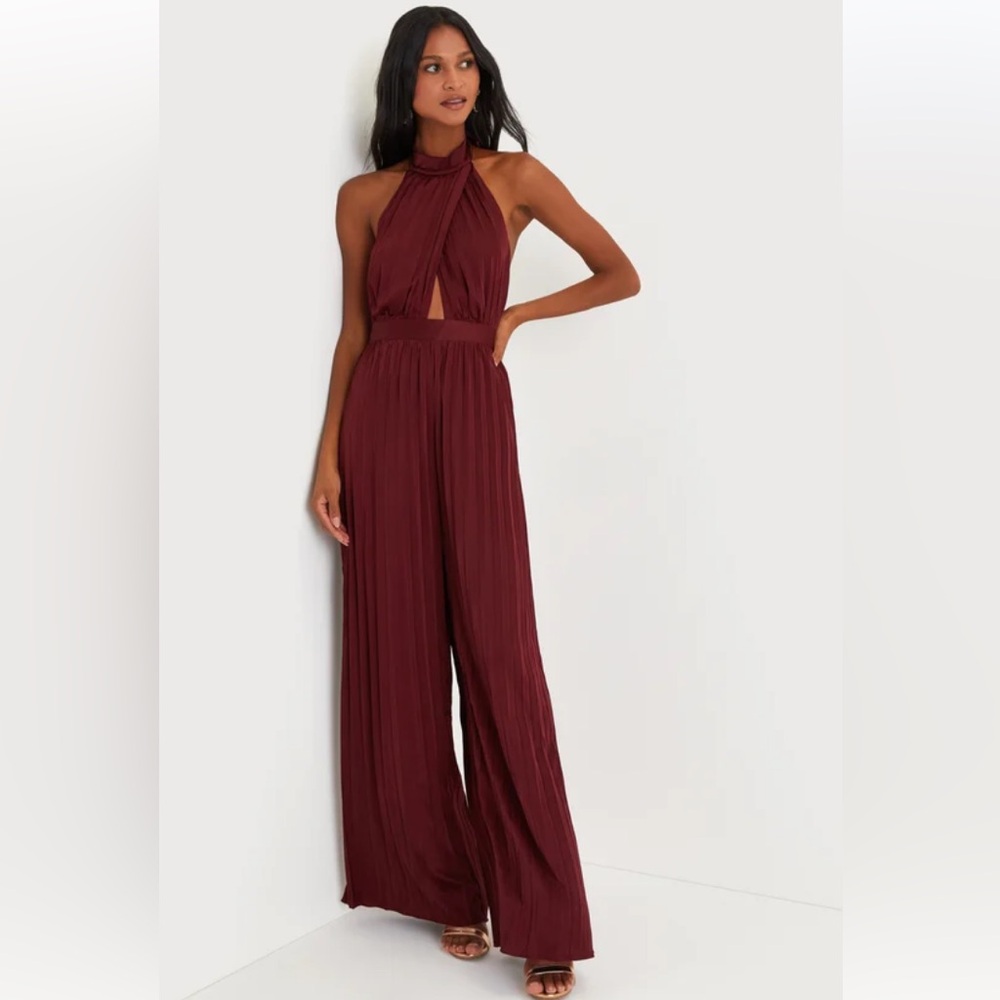 NWT Lulus Confident Impression Burgundy Satin Pleated Halter Jumpsuit